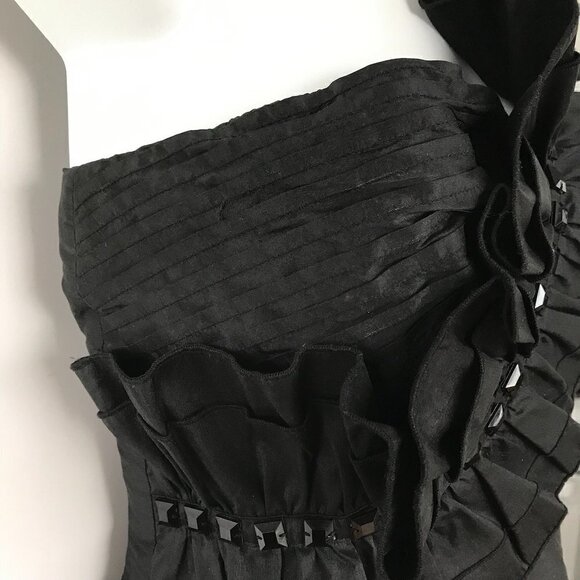 PLENTY party LBD, one-shoulder, silk, ruffle & bling form-fitting dress sz 8 - Picture 3 of 16